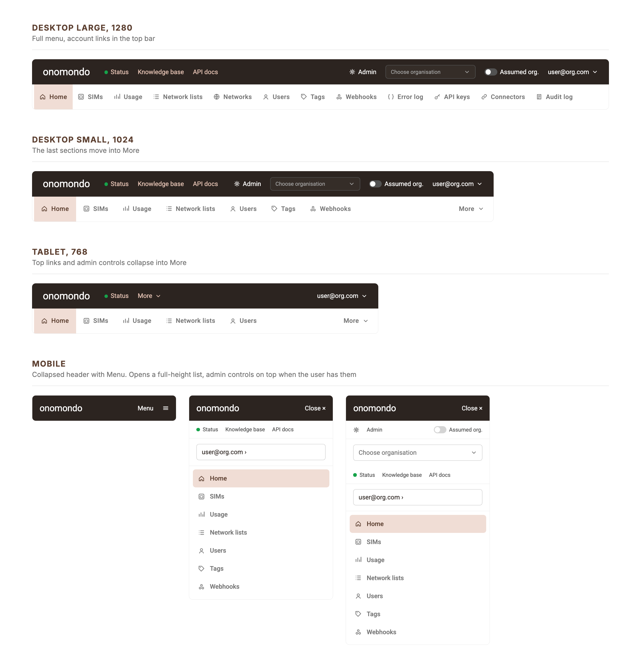 Navigation at desktop large, desktop small, tablet and mobile, collapsed and expanded, with and without admin controls